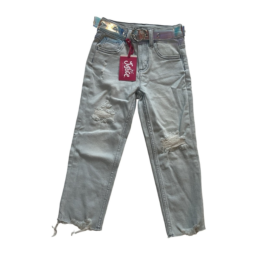 NWT Justice Girls Size 6 Mini Mom Jean Light Wash with Belt Rough Hem Distressed